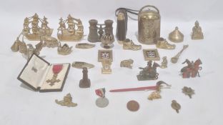 Cased OBE medal, marked Sterling to reverse, assorted badges, metalware, jockey club binoculars,