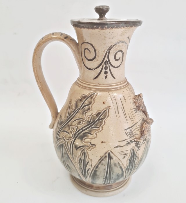 Hannah Barlow Doulton Lambeth salt glazed stoneware jug with silver hinged lid, sgraffito engraved - Image 4 of 13