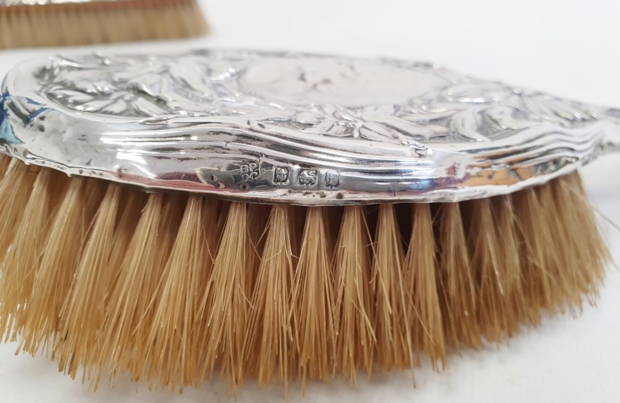 An Edward VII silver mounted dressing brush, floral decorated, Birmingham 1905, a silver mounted - Image 3 of 5