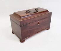 19th century mahogany tea caddy with ebony and boxwood stringing, the whole raised on squat bun