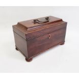 19th century mahogany tea caddy with ebony and boxwood stringing, the whole raised on squat bun