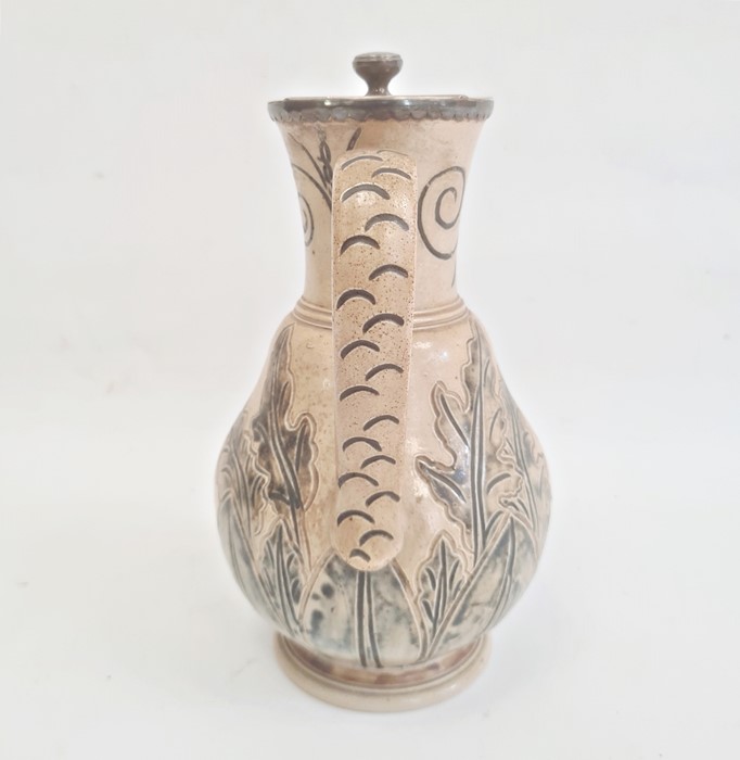 Hannah Barlow Doulton Lambeth salt glazed stoneware jug with silver hinged lid, sgraffito engraved - Image 3 of 13