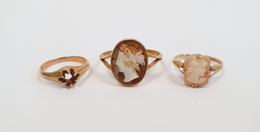 Gold ring, set with an oval shell cameo of a lady, marked 9ct, finger size X, and another gold cameo