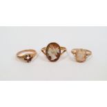 Gold ring, set with an oval shell cameo of a lady, marked 9ct, finger size X, and another gold cameo