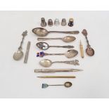 Assorted plated and silver souvenir spoons, various thimbles one marked Mexico, propelling pencils