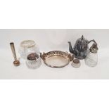 Assorted teaspoons, glass and silver plated sugar sifter, teapot, jam pot and other items (1 box)