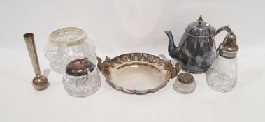 Assorted teaspoons, glass and silver plated sugar sifter, teapot, jam pot and other items (1 box)