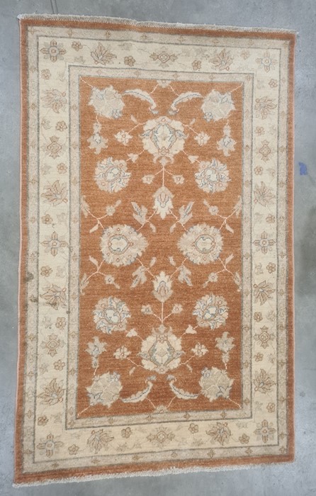 Modern peach ground runner with foliate decoration, stepped border, 153cm x 96cm