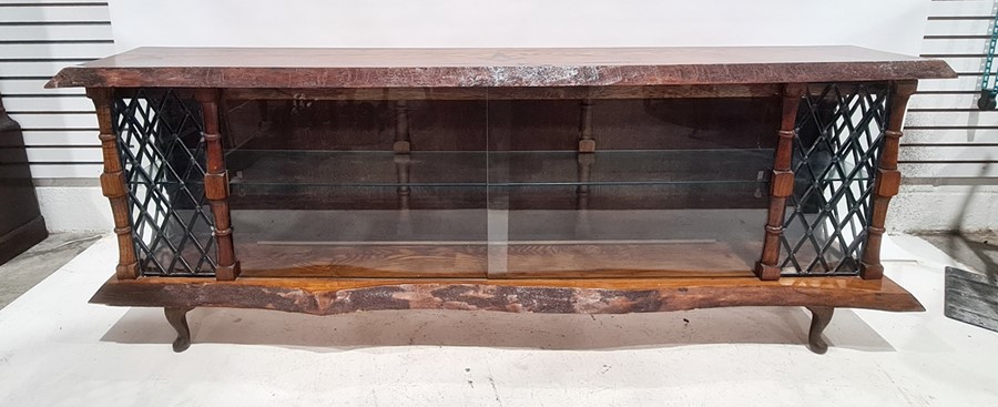 20th century pine low display case, the top with a natural edge finish and inlaid with masonic