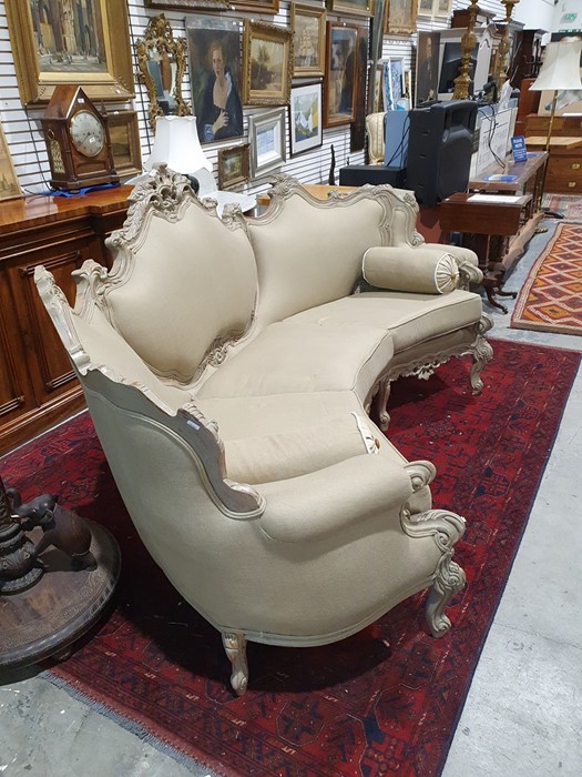 Modern French-style beige painted and upholstered curved three-seat sofa and cushions Condition - Image 21 of 24