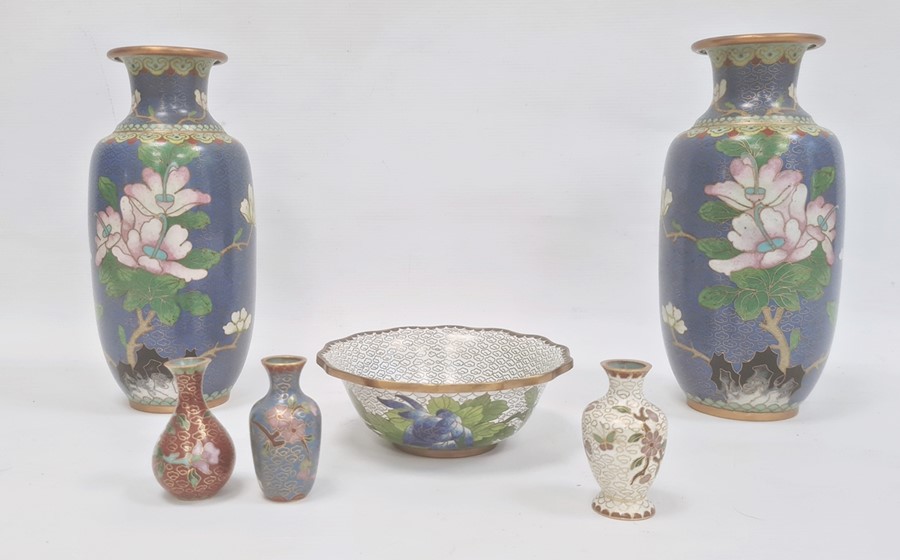 Pair Japanese cloisonné enamel vases of rouleau form, flowering peony on a blue enamel and cloud