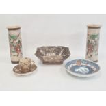 Japanese Satsuma earthenware coffee can and saucer decorated with deities, Japanese porcelain saucer