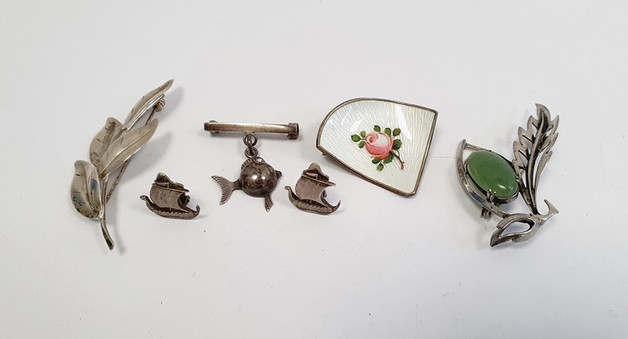 Norwegian silver and enamel brooch of fan-shape, painted with a rose on a white ground and various