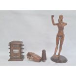 Wooden artist's lay model on circular stand, 40cm high overall, wooden artist's model of jointed