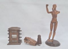 Wooden artist's lay model on circular stand, 40cm high overall, wooden artist's model of jointed