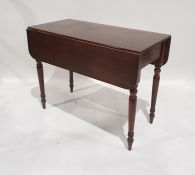 19th century mahogany Pembroke table with single drawer, drop leaves, on turned supports, peg feet