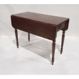 19th century mahogany Pembroke table with single drawer, drop leaves, on turned supports, peg feet