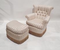 Low modern armchair with button back cream and silver-coloured striped upholstery and matching