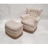 Low modern armchair with button back cream and silver-coloured striped upholstery and matching