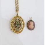 9ct gold oval locket decorated with seedpearls and turquoise, on a gold-coloured chain and a gold