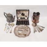 Silver plated teapot, wine holder, small quantity of flatware and cased items (1 box)