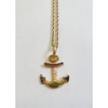 18ct gold and enamel anchor pendant on a 9ct gold chain, 5g in total approx.