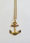 18ct gold and enamel anchor pendant on a 9ct gold chain, 5g in total approx.