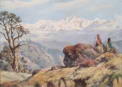 Jimmy Hulbert Oil on canvas board Mountainous scene with terraces and figures seated in the