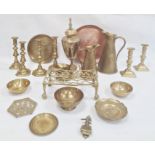 Large quantity of brassware to include old rectangular pieced trivet, table candlesticks, jugs,
