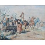 British school (19th century)  Watercolour  Horsemen having a refreshment, signed indistinctly and