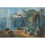 Continental School - 19th century Watercolour Figures in a garden with lake and statues, Unsigned 24
