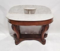 Late 19th century marble-topped demi-lune washstand the mahogany base on cabriole legs to platform