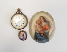 Silver fob watch with enamel dial and engraved case, a silver and enamel brooch and a porcelain