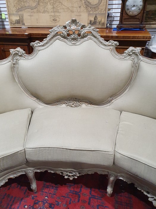 Modern French-style beige painted and upholstered curved three-seat sofa and cushions Condition - Image 7 of 24