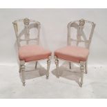 Pair of painted side chairs with pink upholstered seats, turned and fluted front legs to peg feet (