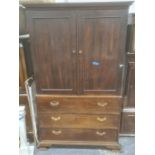 19th century oak linen press, moulded cornice with two cupboard doors enclosing open space (no