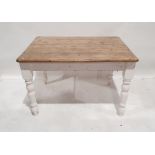 Pine topped breakfast table, the rectangular top with rounded corners on white painted base,