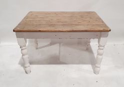 Pine topped breakfast table, the rectangular top with rounded corners on white painted base,