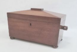 19th century mahogany sarcophagus-shaped tea caddy on squat bun feet, 21cm x 24cm