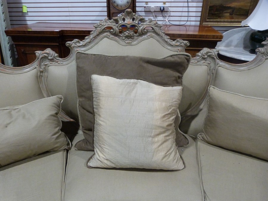 Modern French-style beige painted and upholstered curved three-seat sofa and cushions Condition - Image 4 of 24