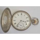 Silver half hunter pocket watch, the enamel dial with roman numerals and subsidiary seconds dial,