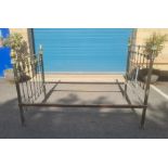 Double bed frame, tubular brass, steel and ceramic decoration, approx 54" wide Condition