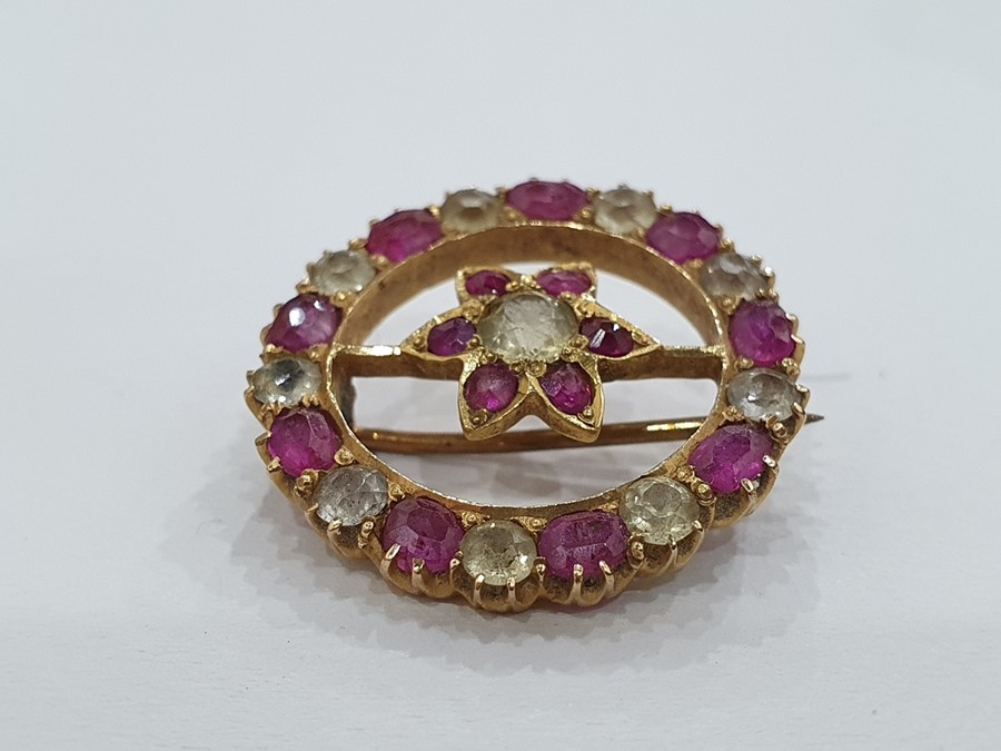 Probably Indian gold-coloured brooch of circular form with a central flower detail, set with - Image 9 of 13