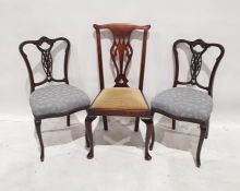 Pair of bedroom chairs with carved and pierced backsplats, blue upholstered seats, on cabriole