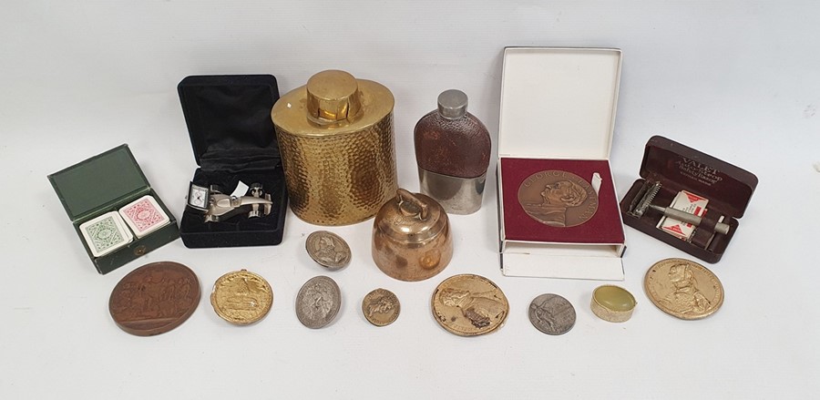 Various badges, enamel badges, buttons, a leather wallet, Kodak 25 year service medal, hip flask and