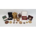 Various badges, enamel badges, buttons, a leather wallet, Kodak 25 year service medal, hip flask and
