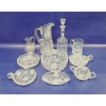 Collection of cut glass to include a decanter and glass ewer with cut floral decoration