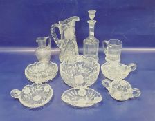 Collection of cut glass to include a decanter and glass ewer with cut floral decoration