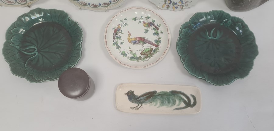 Quimper-style faience plate with figure to centre, another pair, bird decorated, two green leaf - Image 2 of 7