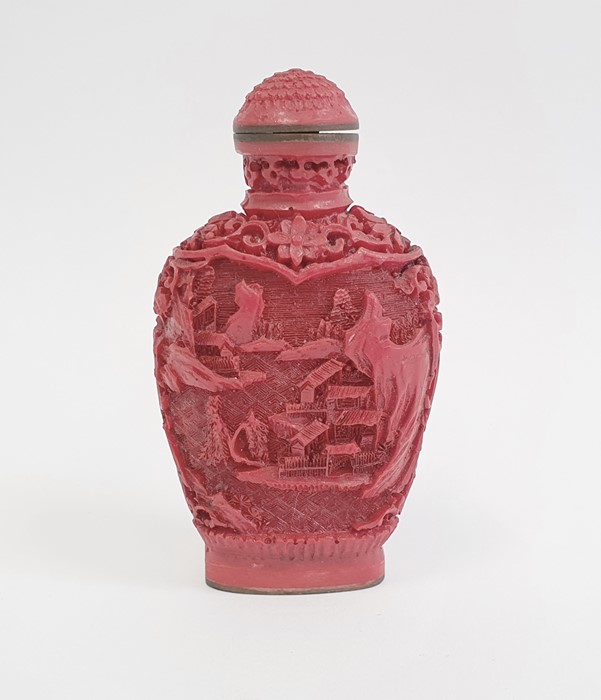 Chinese carved cinnabar lacquer snuff bottle, lakeside landscape decoration, Qianlong mark to - Image 2 of 2
